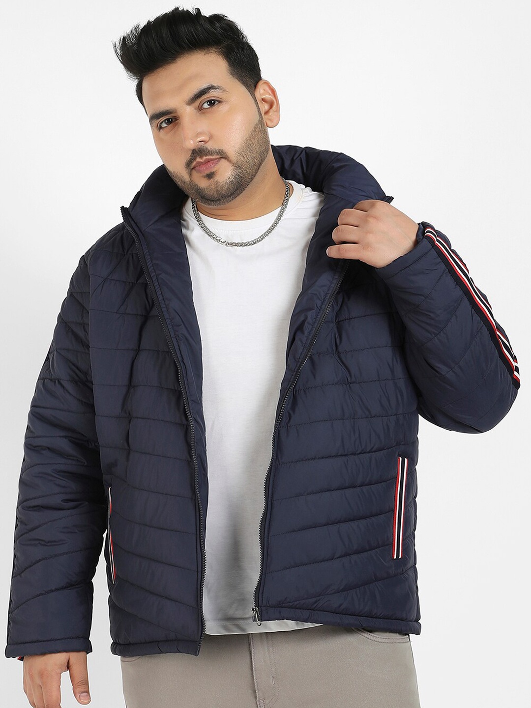 

Instafab Plus Hooded Puffer Jacket With Contrast Striped Sleeve, Navy blue