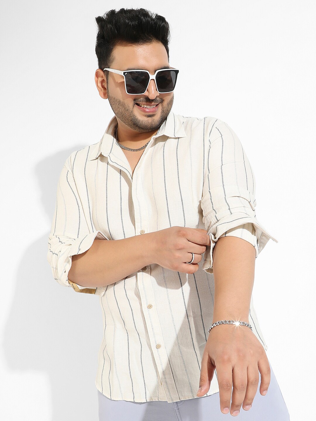 

Instafab Plus Classic Opaque Pinstriped Casual Shirt, Beige