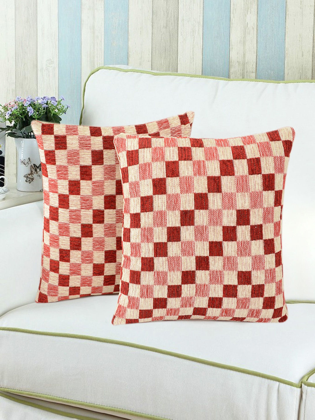 

Saral Home Maroon & Beige Set of 2 Checked Square Cushion Covers