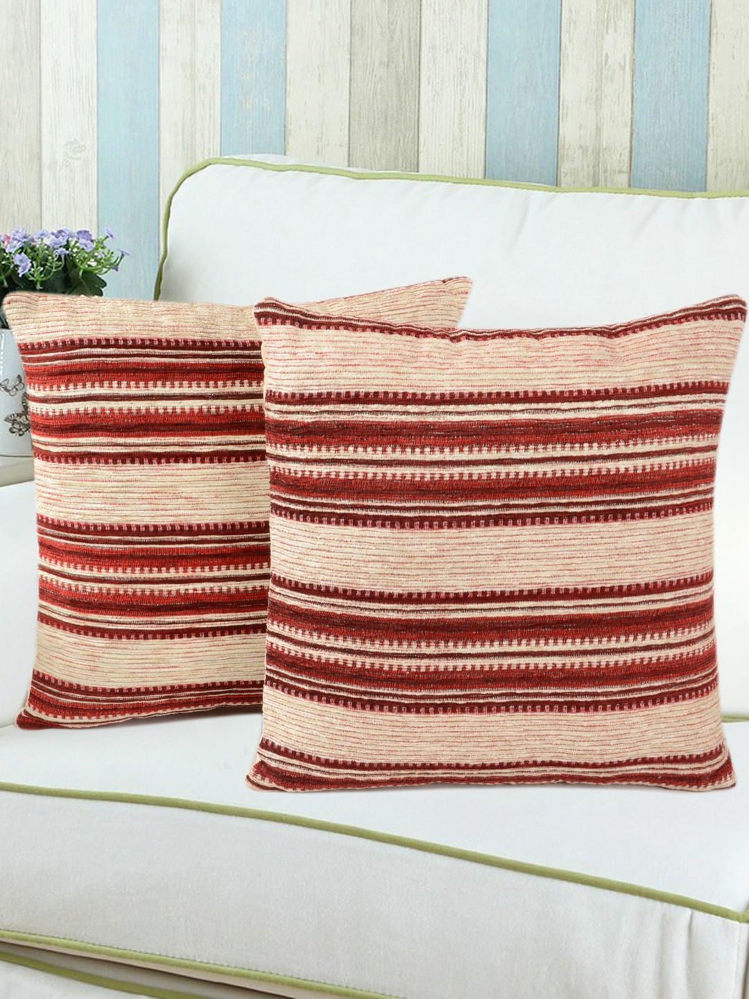 

Saral Home Maroon & Beige Set of 2 Striped Square Cushion Covers