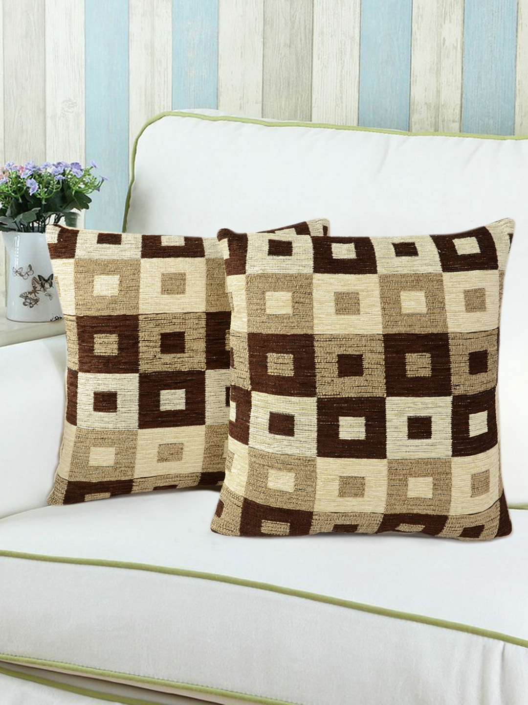 

Saral Home Brown & Beige Set of 2 Geometric Square Cushion Covers