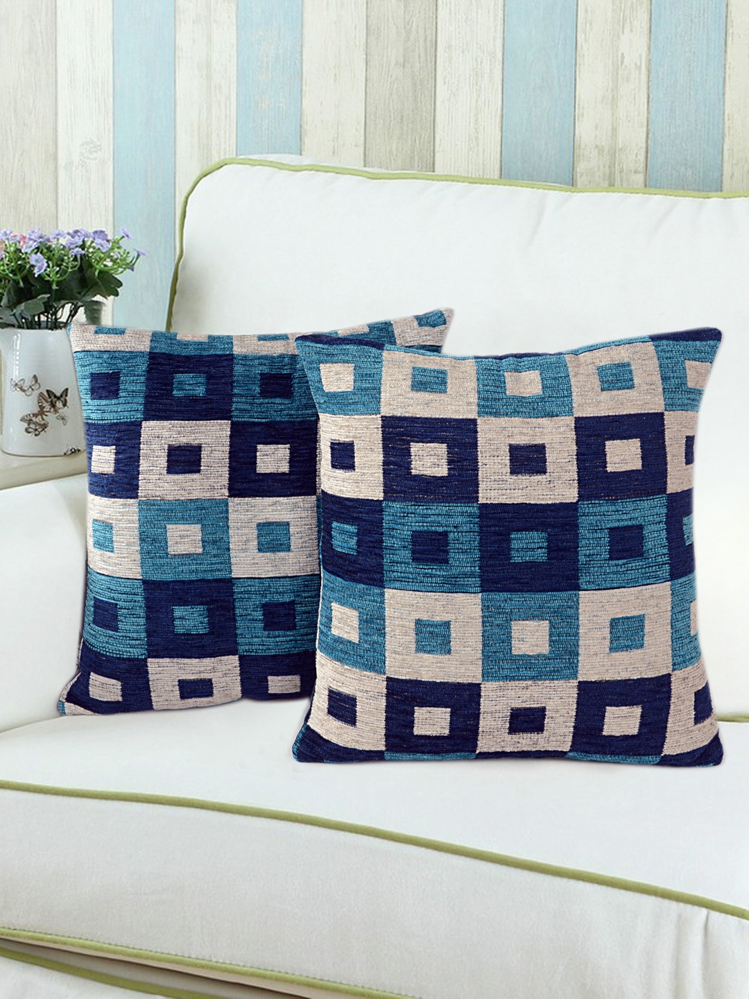 

Saral Home Blue Set of 2 Geometric Square Cushion Covers