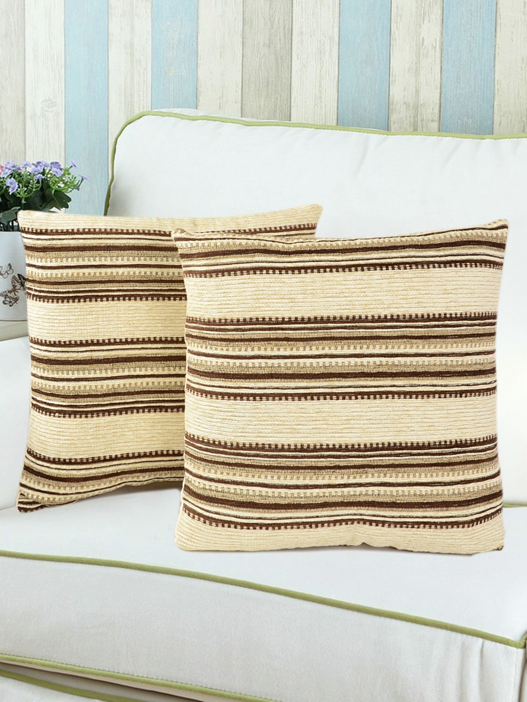 

Saral Home Brown & Beige Set of 2 Striped Square Cushion Covers