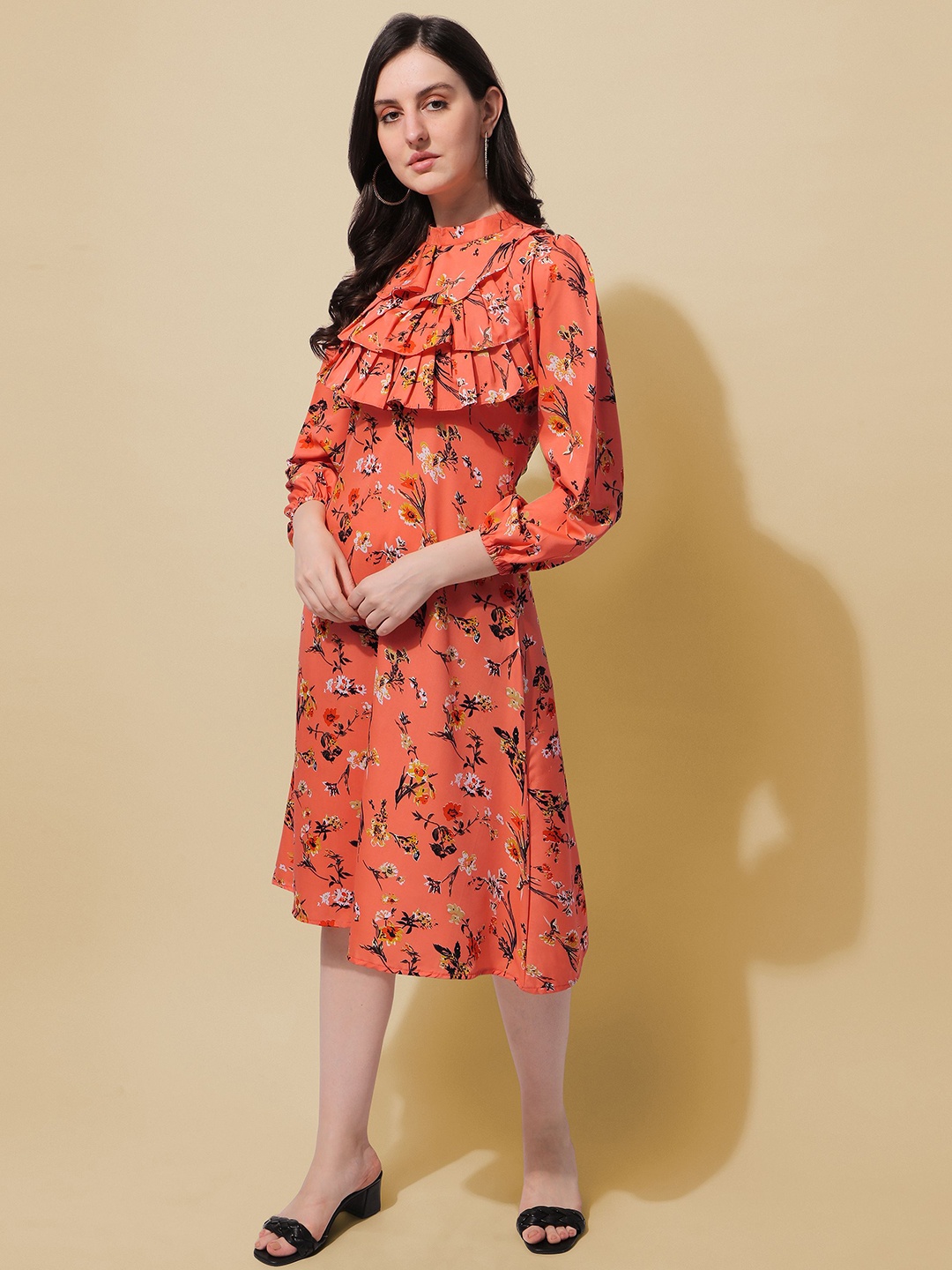 

BAESD Floral Printed High Neck Ruffled A-Line Dress, Orange