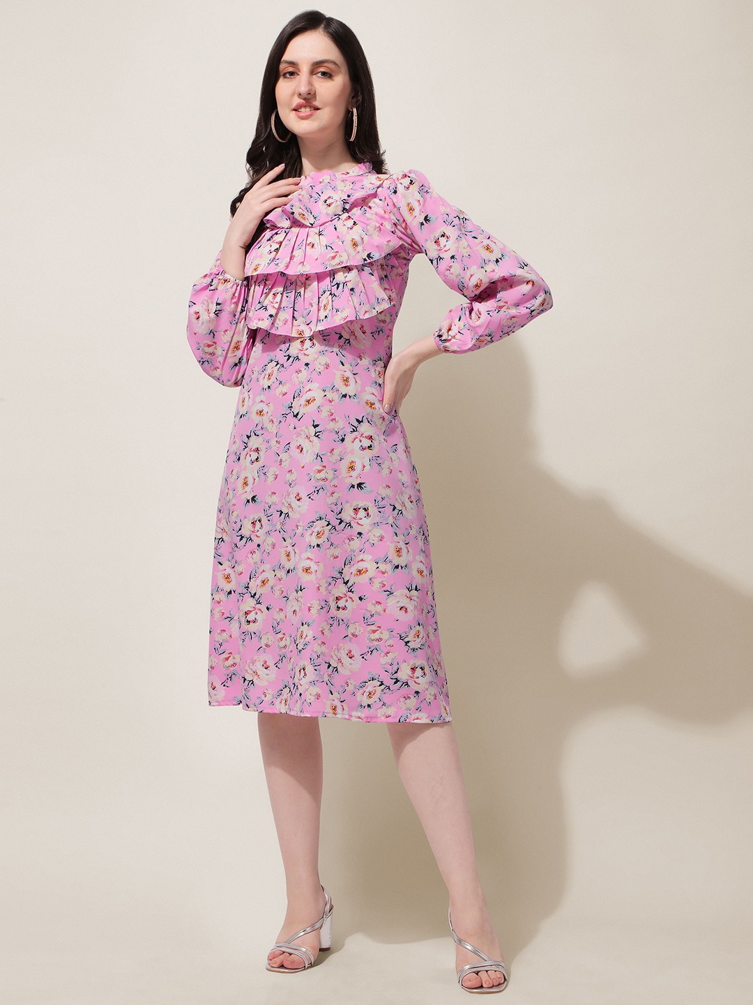 

BAESD Floral Printed High Neck Ruffled A-Line Dress, Pink