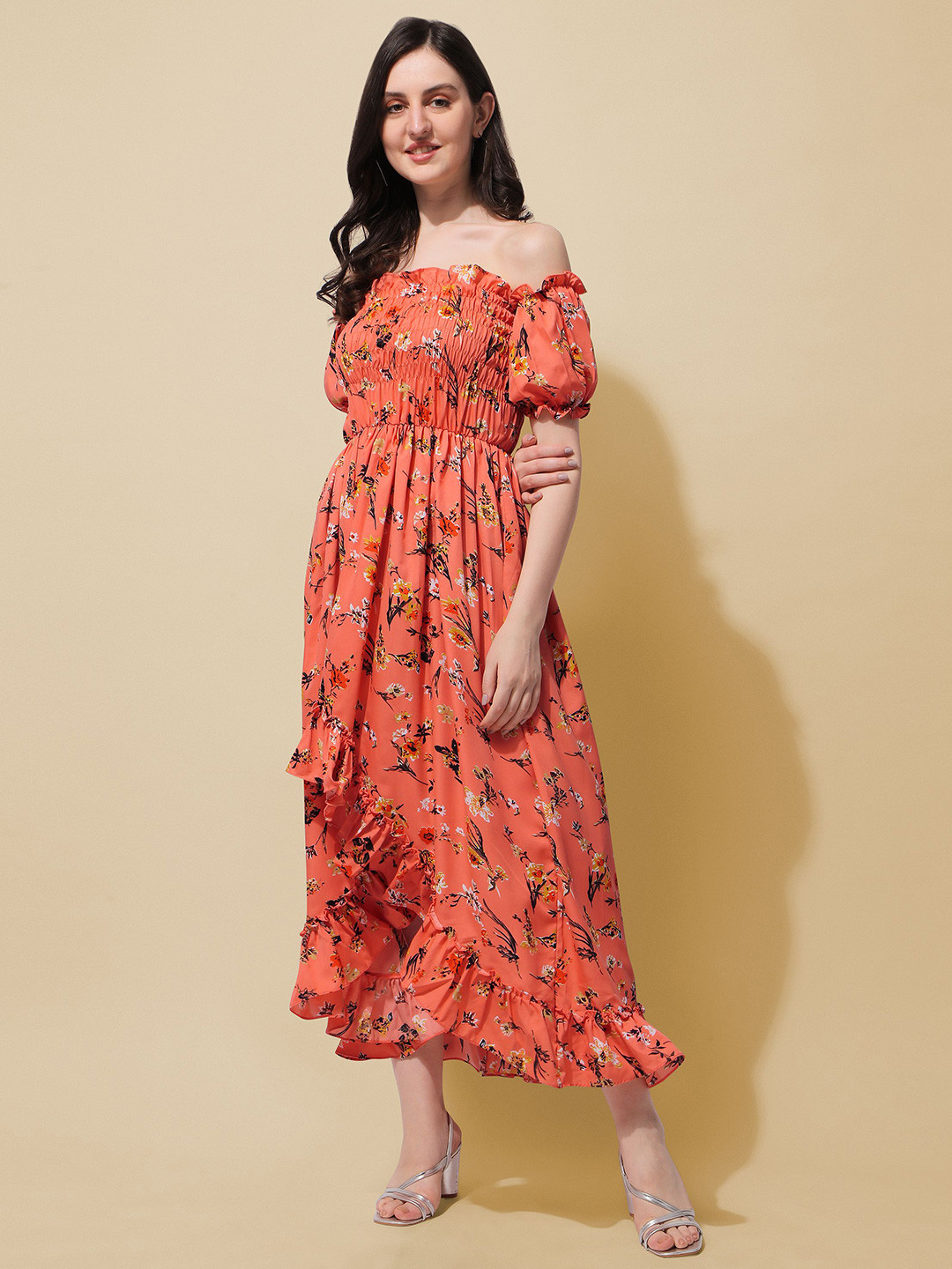 

BAESD Floral Printed Off-Shoulder Puff Sleeves Gathered Detailed Fit & Flare Midi Dress, Orange