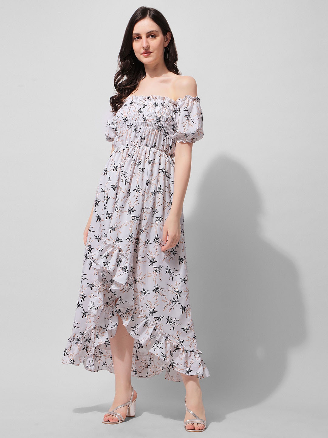 

BAESD Floral Printed Off-Shoulder Puff Sleeves Gathered Detailed Fit & Flare Midi Dress, White