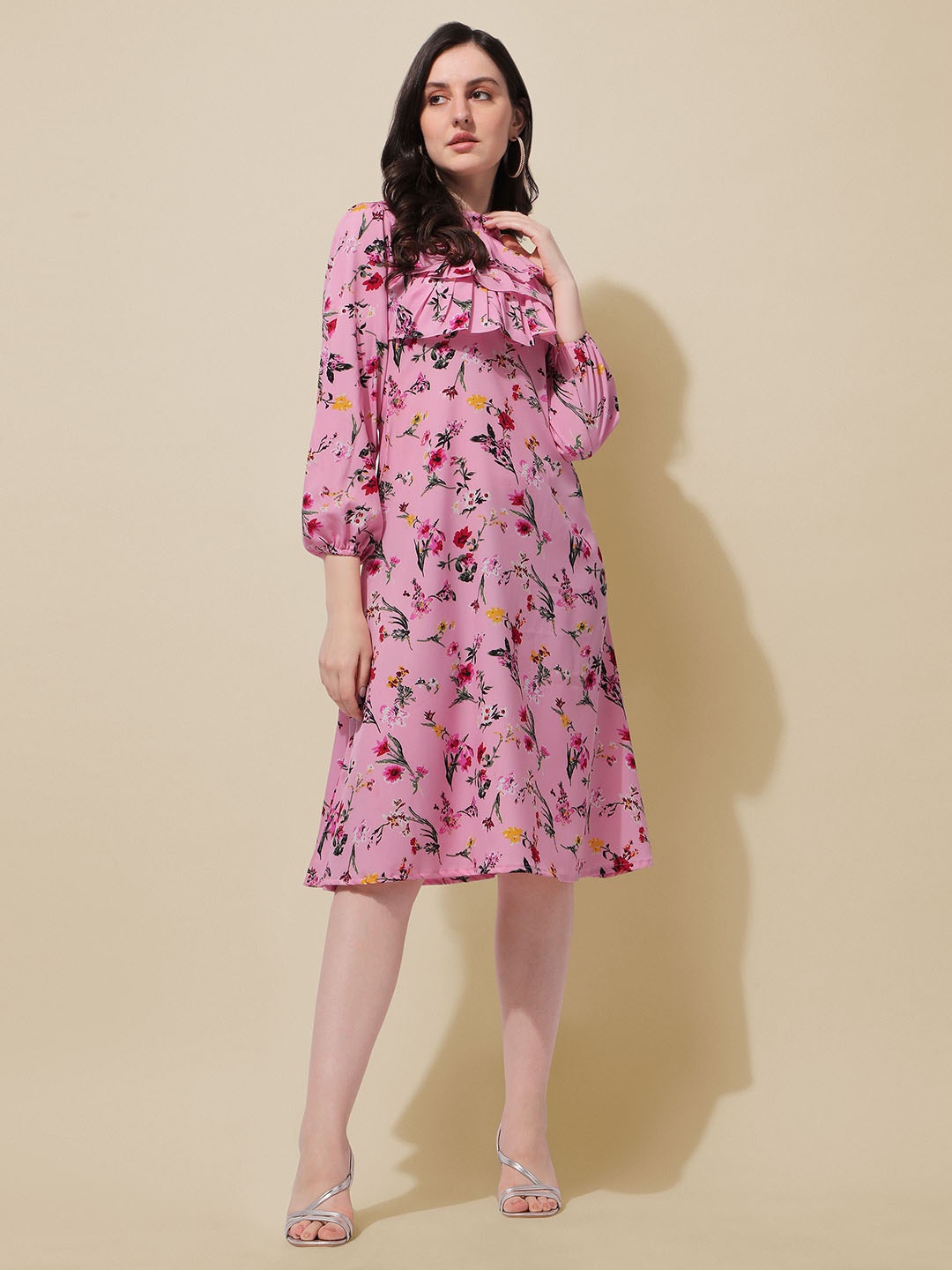 

BAESD Floral Printed Puff Sleeves Ruffles detailed A-Line Dress, Pink