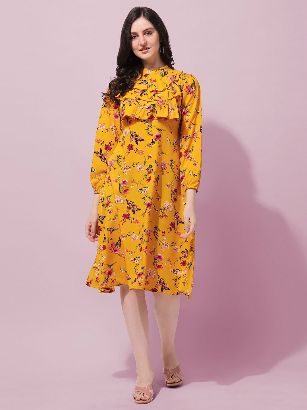 

BAESD Floral Printed High Neck Puff Sleeves Ruffles Detail A-line Dress, Yellow