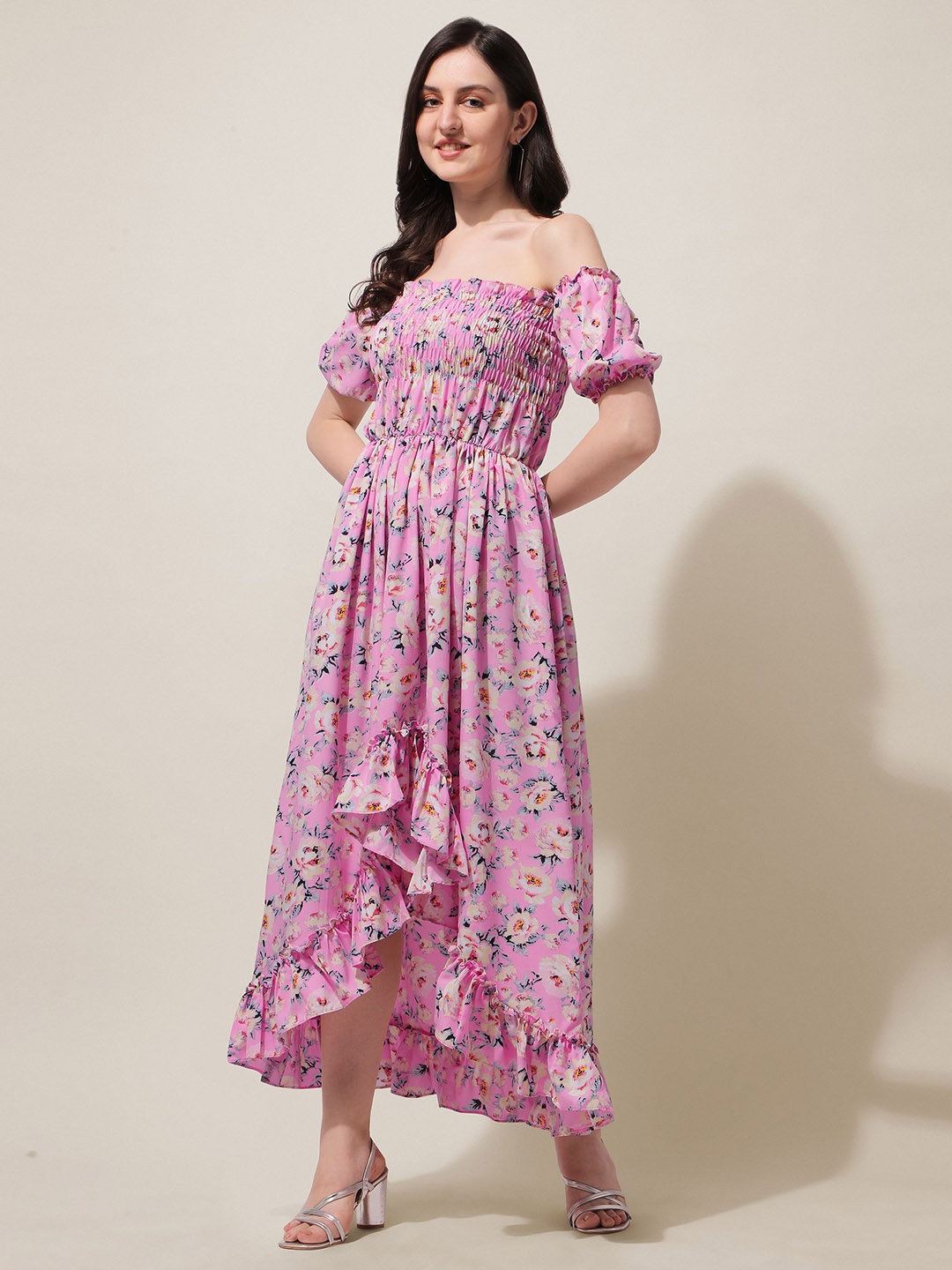 

BAESD Floral Printed Off-Shoulder Puff Sleeves Smocked Detail Fit & Flare Dress, Pink