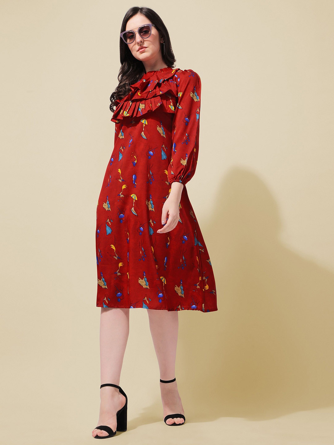 

BAESD Conversational Printed High Neck Puff Sleeves Ruffles Detail A-Line Dress, Red