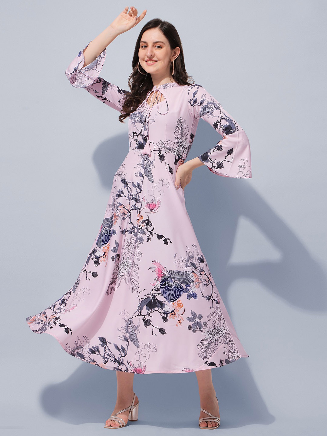 

BAESD Floral Printed Tie-Up Neck Bell Sleeves A-Line Midi Dress, Pink