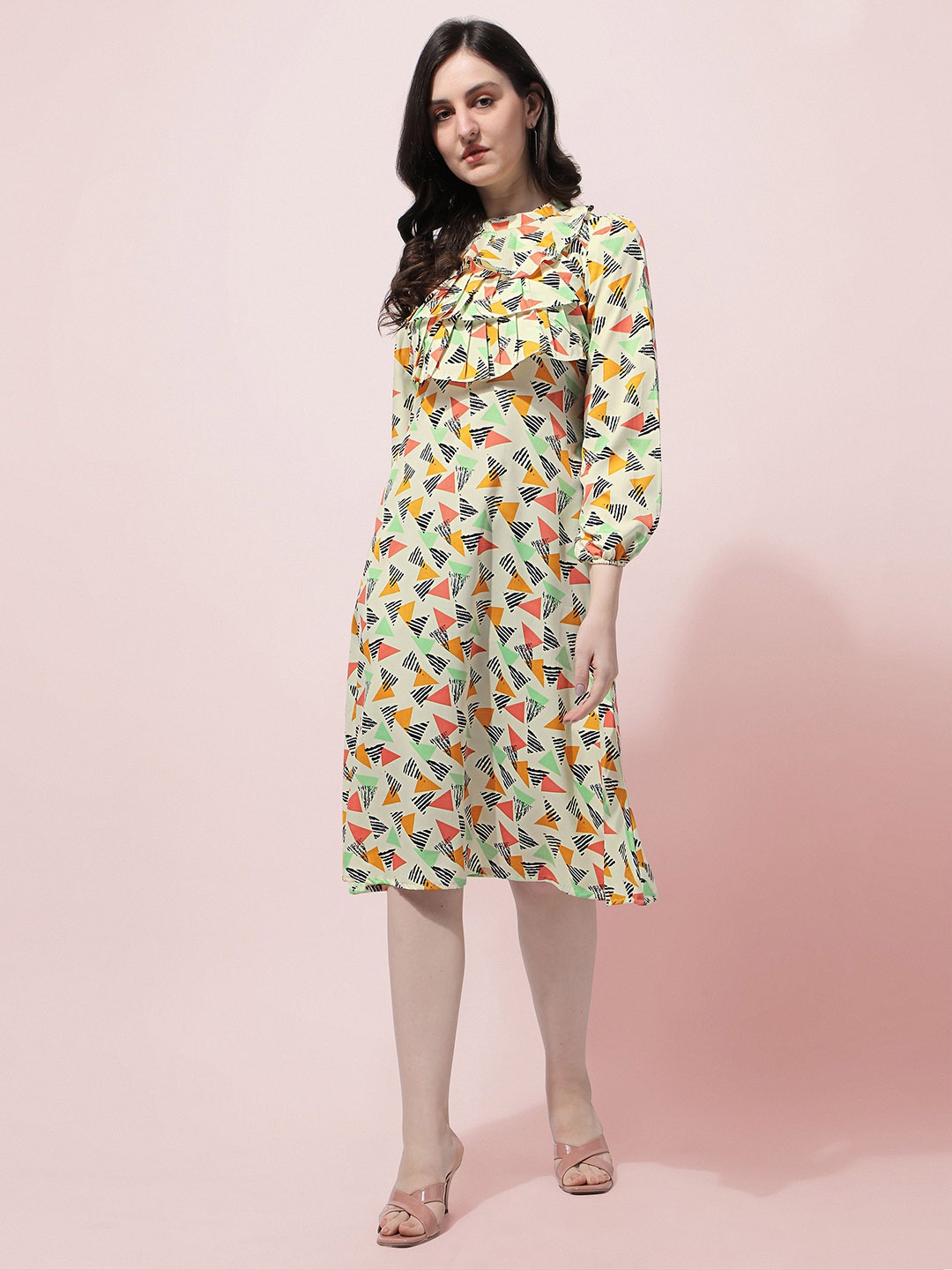 

BAESD Geometric Printed High Neck Puff Sleeves Ruffles Detail A-line Dress, Green