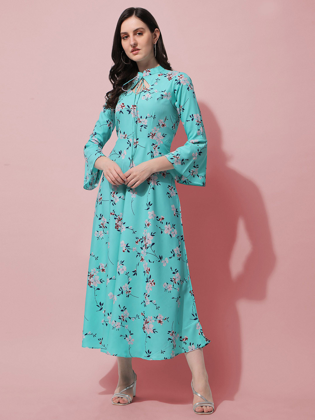 

BAESD Floral Printed Tie-Up Neck Bell Sleeves A-Line Midi Dress, Green