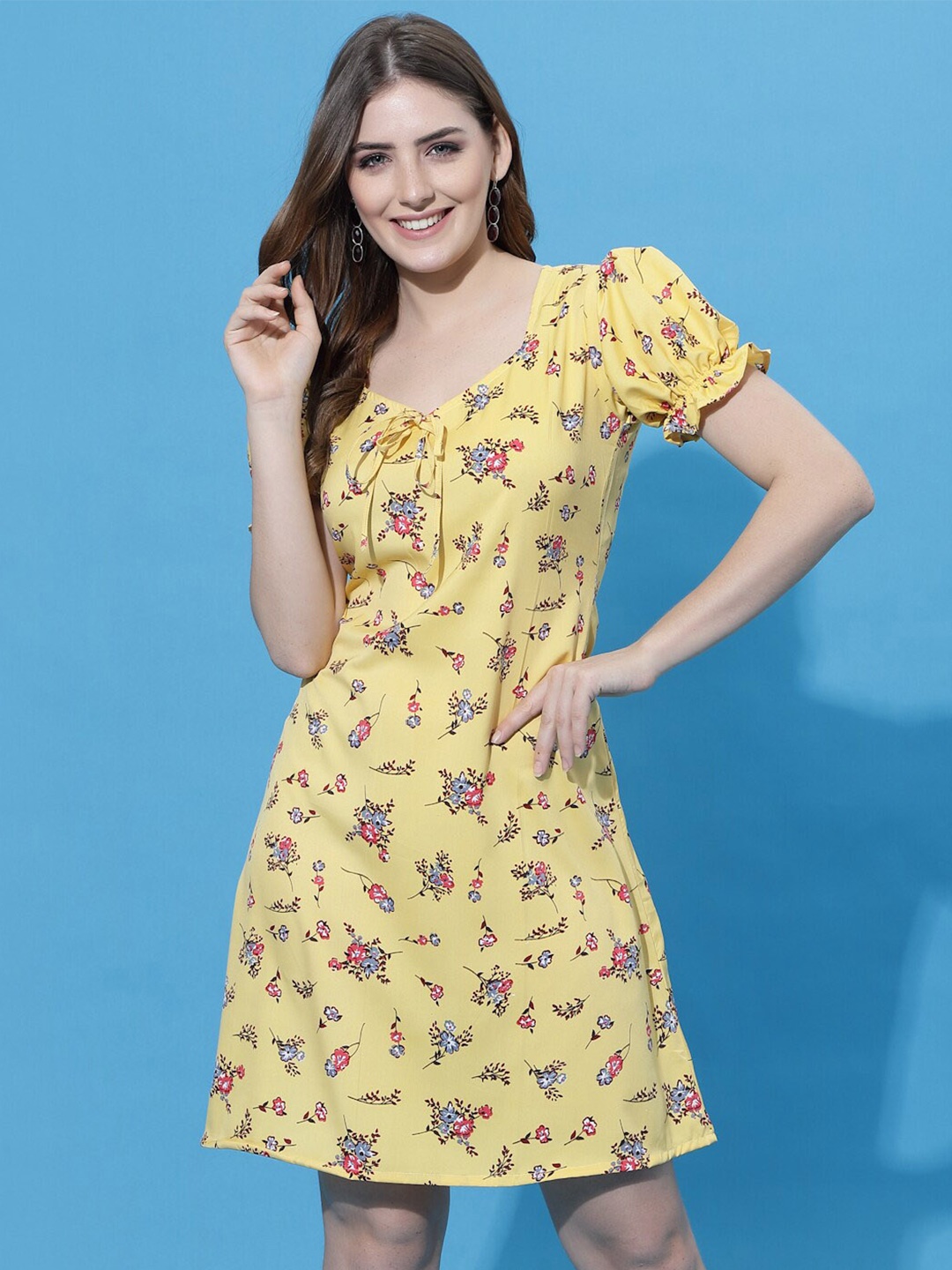 

BAESD Floral Printed Puff Sleeve A-Line Dress, Yellow