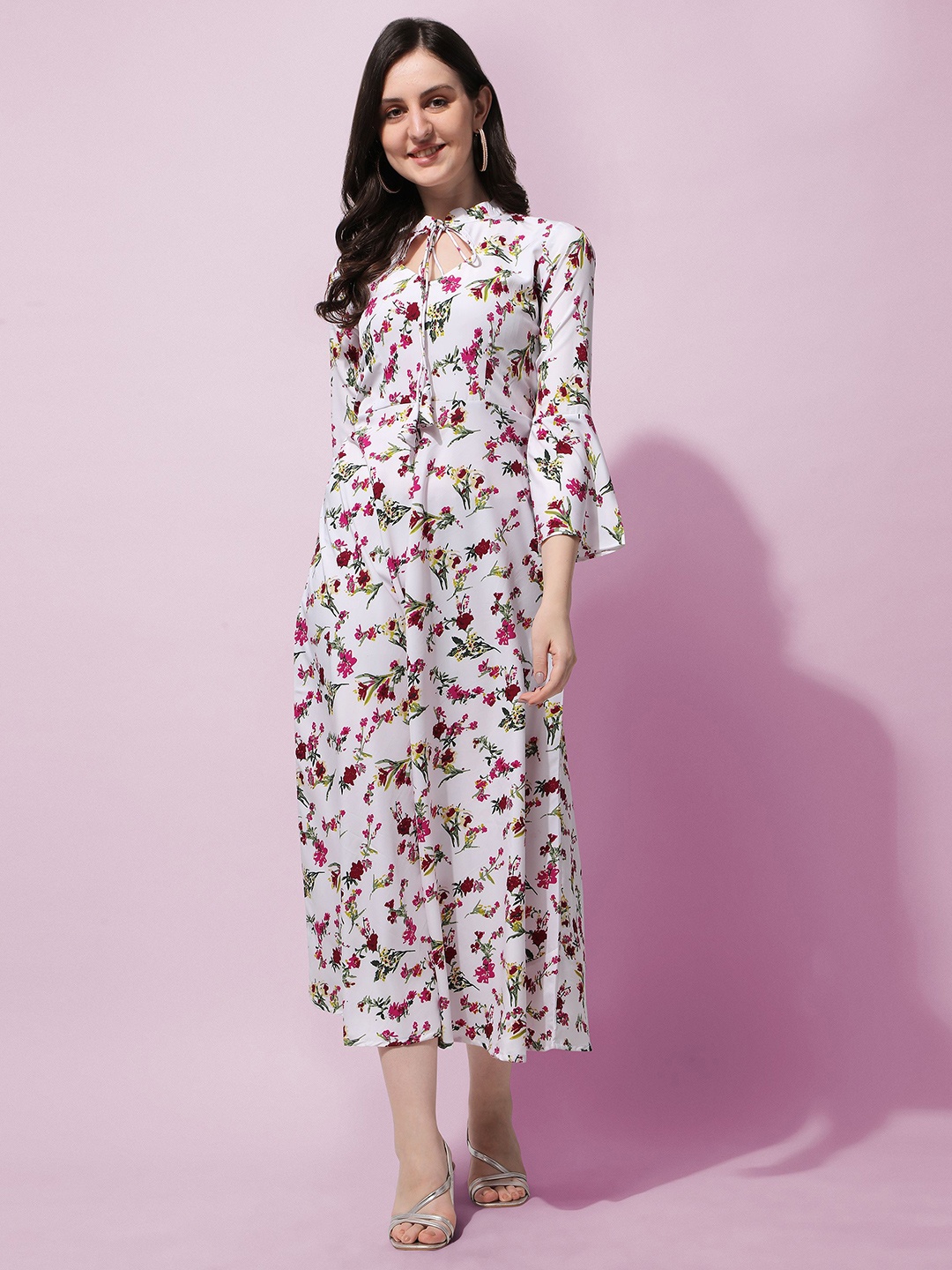 

BAESD Floral Printed Bell Sleeve A-Line Midi Dress, White