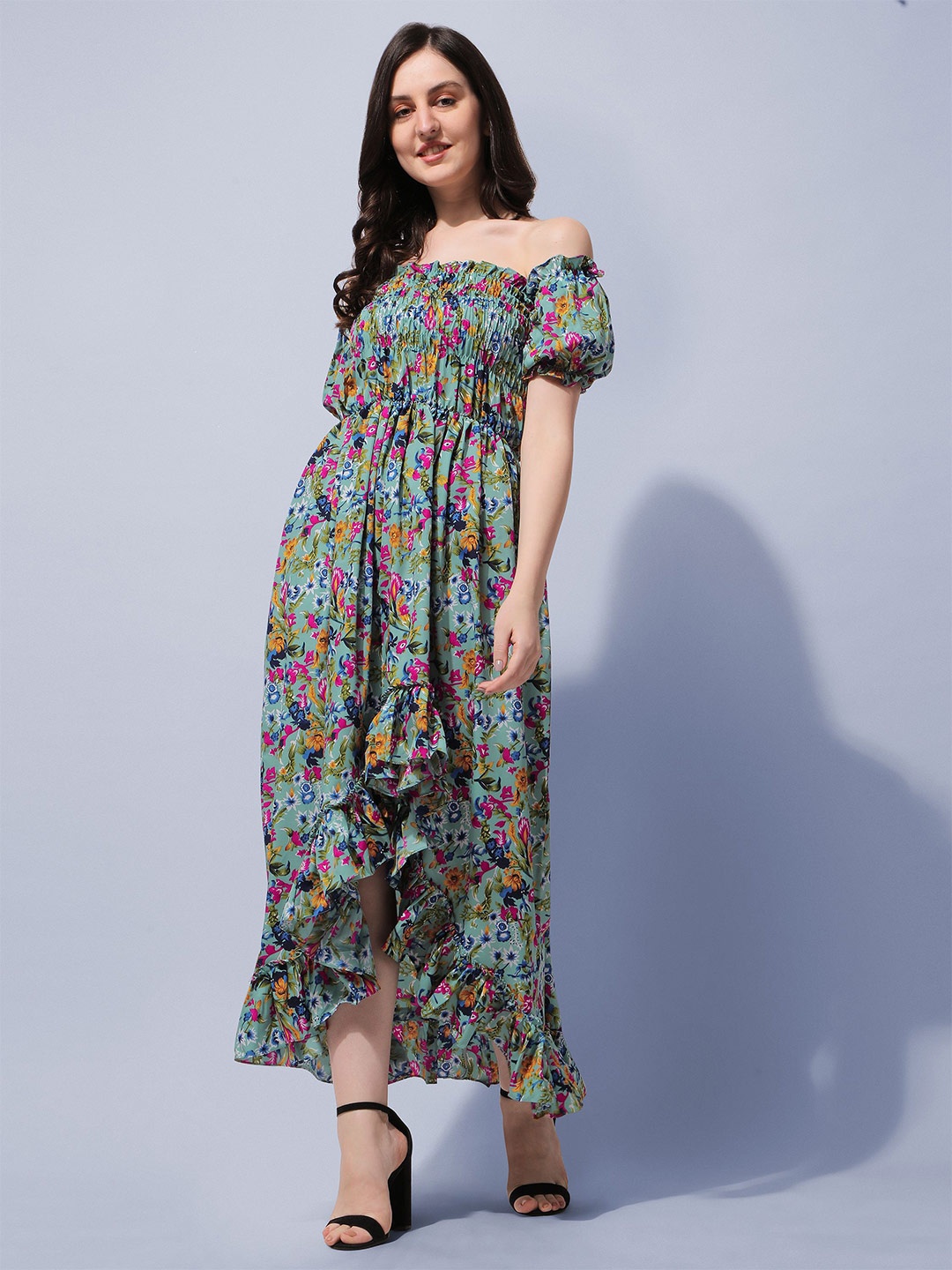 

BAESD Floral Printed Off-Shoulder Puff Sleeves Smocked Fit & Flare Dress, Green