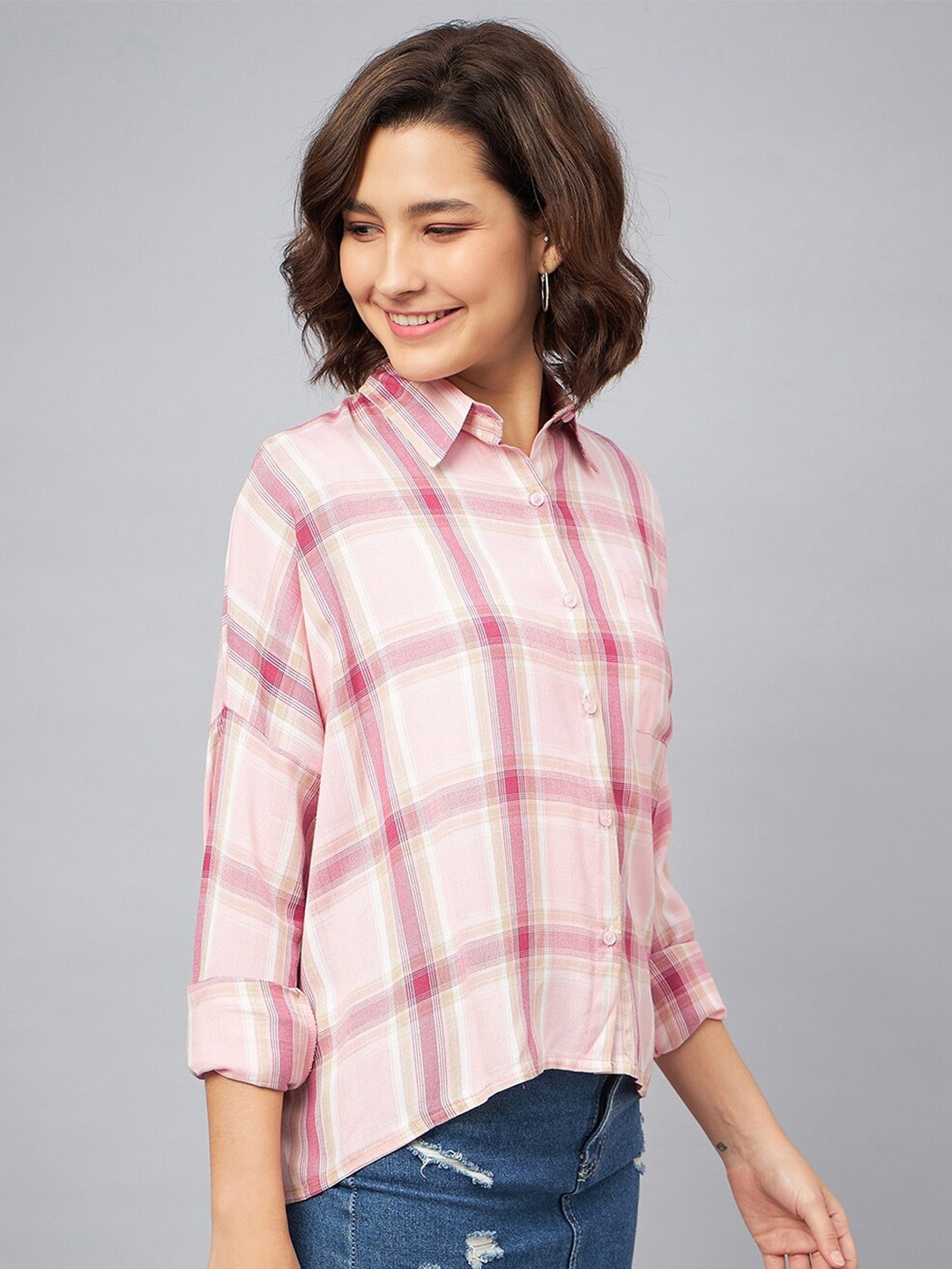 

CHIMPAAANZEE Women Tartan Checked Oversized Casual Shirt, Pink