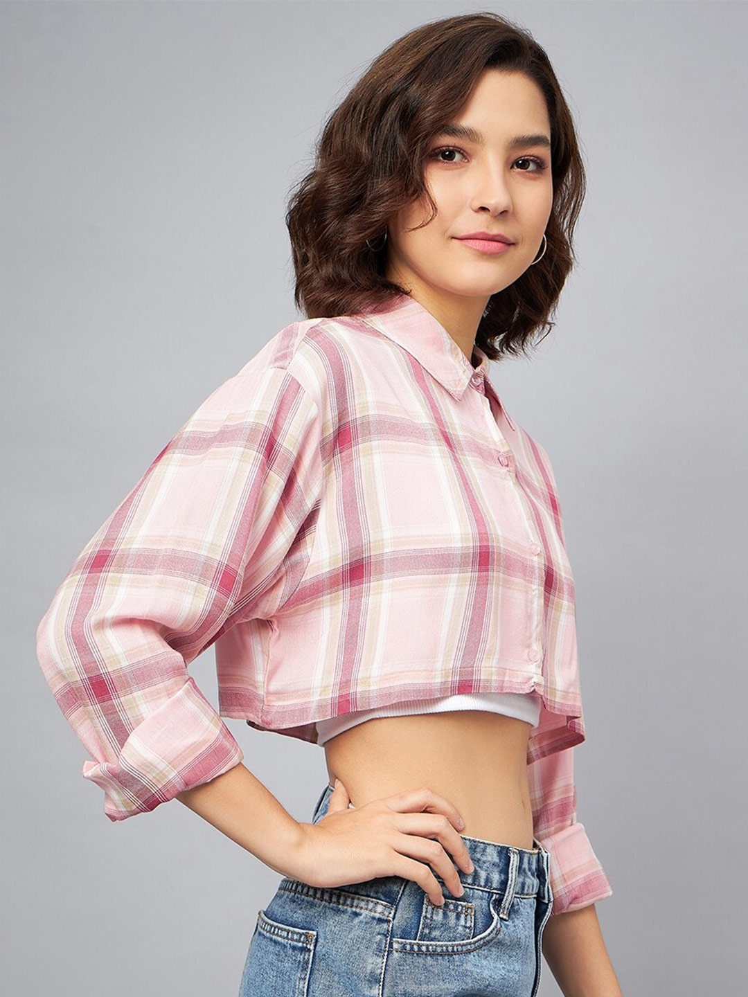 

CHIMPAAANZEE Tartan Checked Oversized Cropped Casual Shirt, Pink