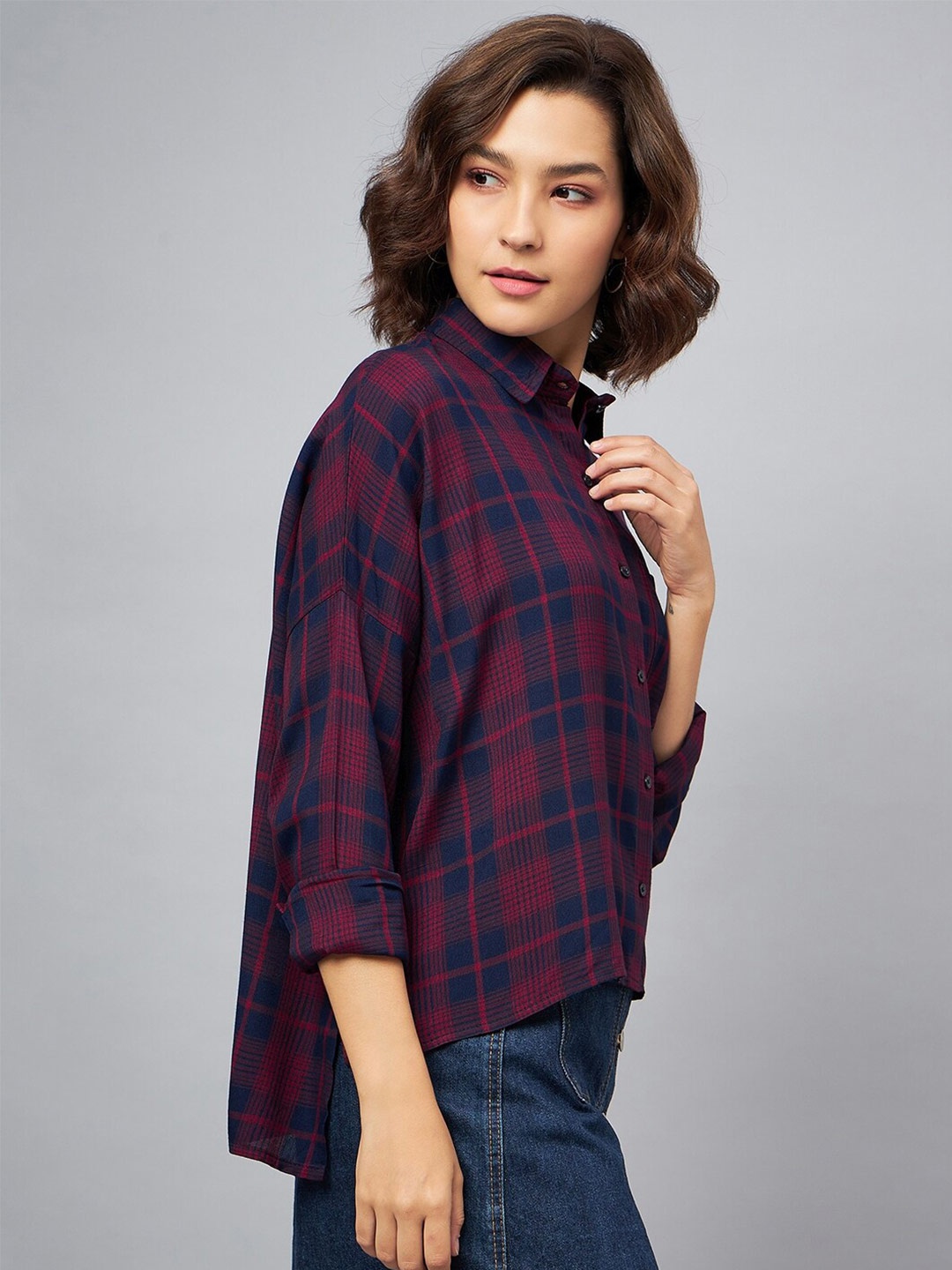 

CHIMPAAANZEE Tartan Checked Oversized Casual Shirt, Navy blue