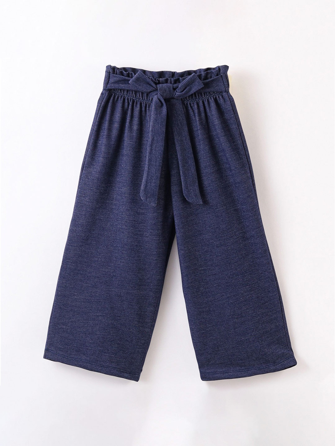 

CrayonFlakes Girls Knitted Cotton Belted Palazzos, Navy blue