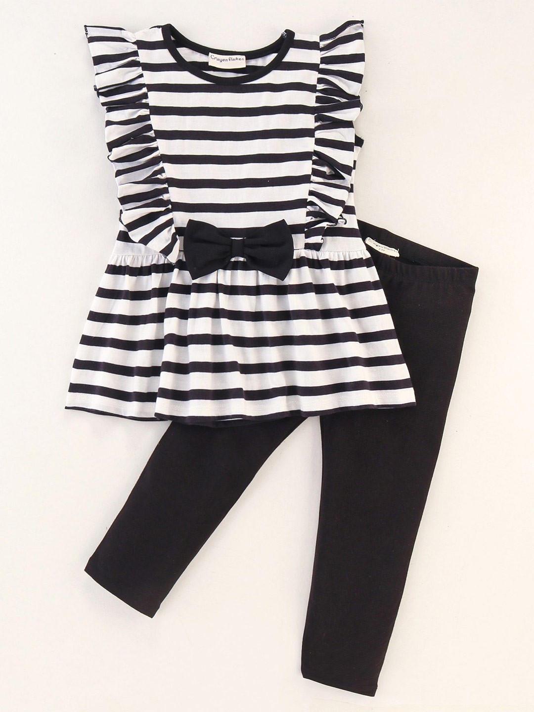 

CrayonFlakes Striped Ruffle Detail Tunic with Leggings, Black