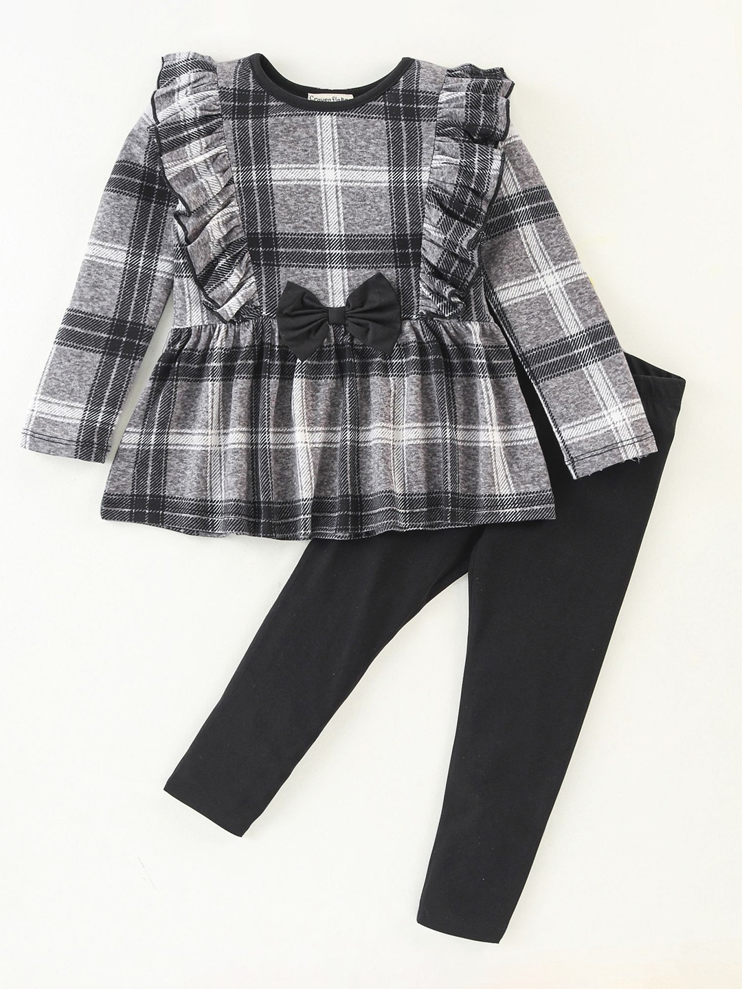 

CrayonFlakes Girls Checked Top With Leggings, Black