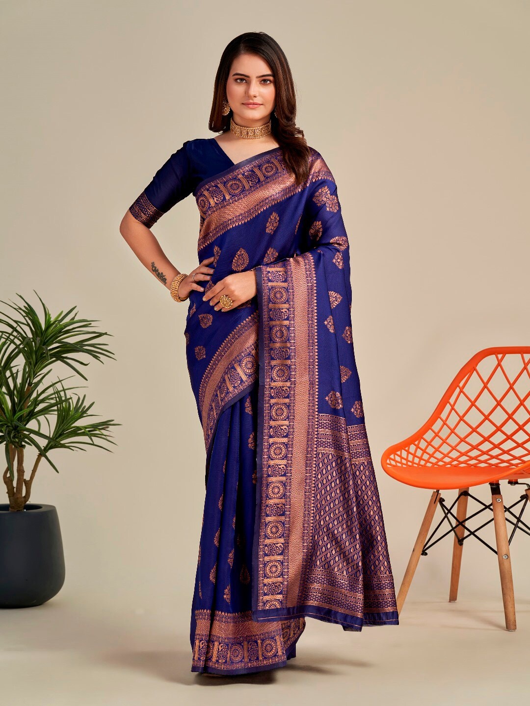 

AVANTIKA FASHION Ethnic Motifs Woven Design Zari Detailed Pure Silk Banarasi Saree, Blue