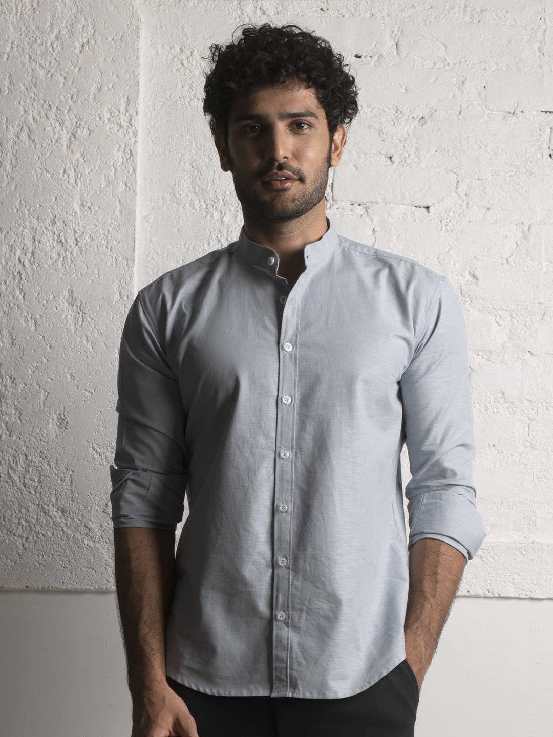 

Beyours Band Collar Casual Cotton Shirt, Blue