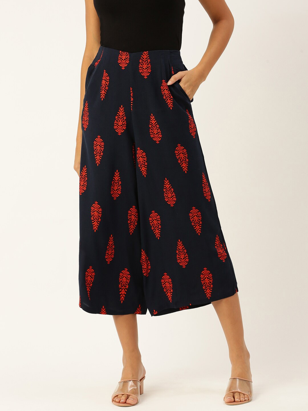 

De Moza Women Floral Printed Cropped Palazzos, Navy blue