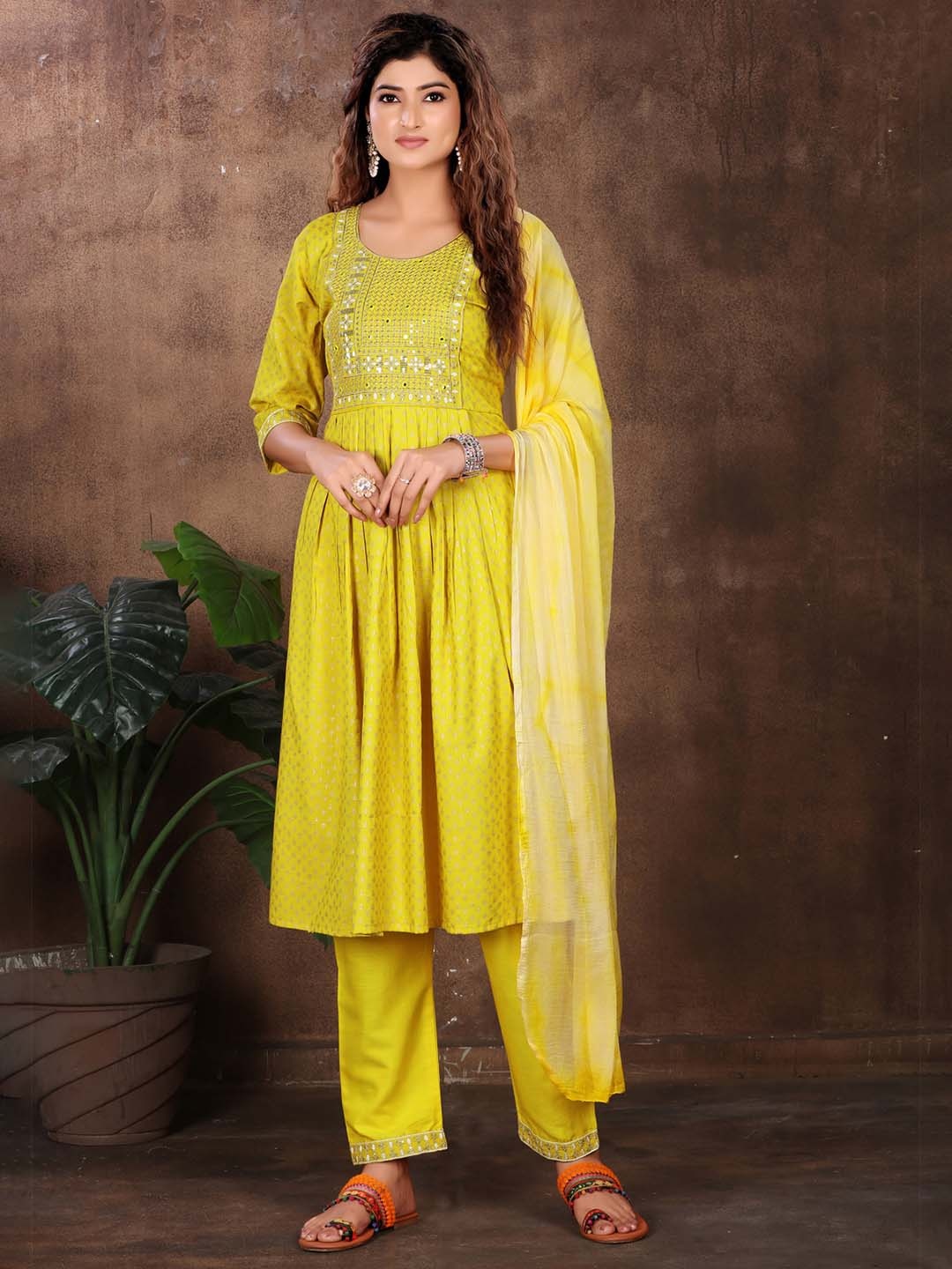 

KALINI Floral Printed Empire Kurta with Trousers & With Dupatta, Yellow