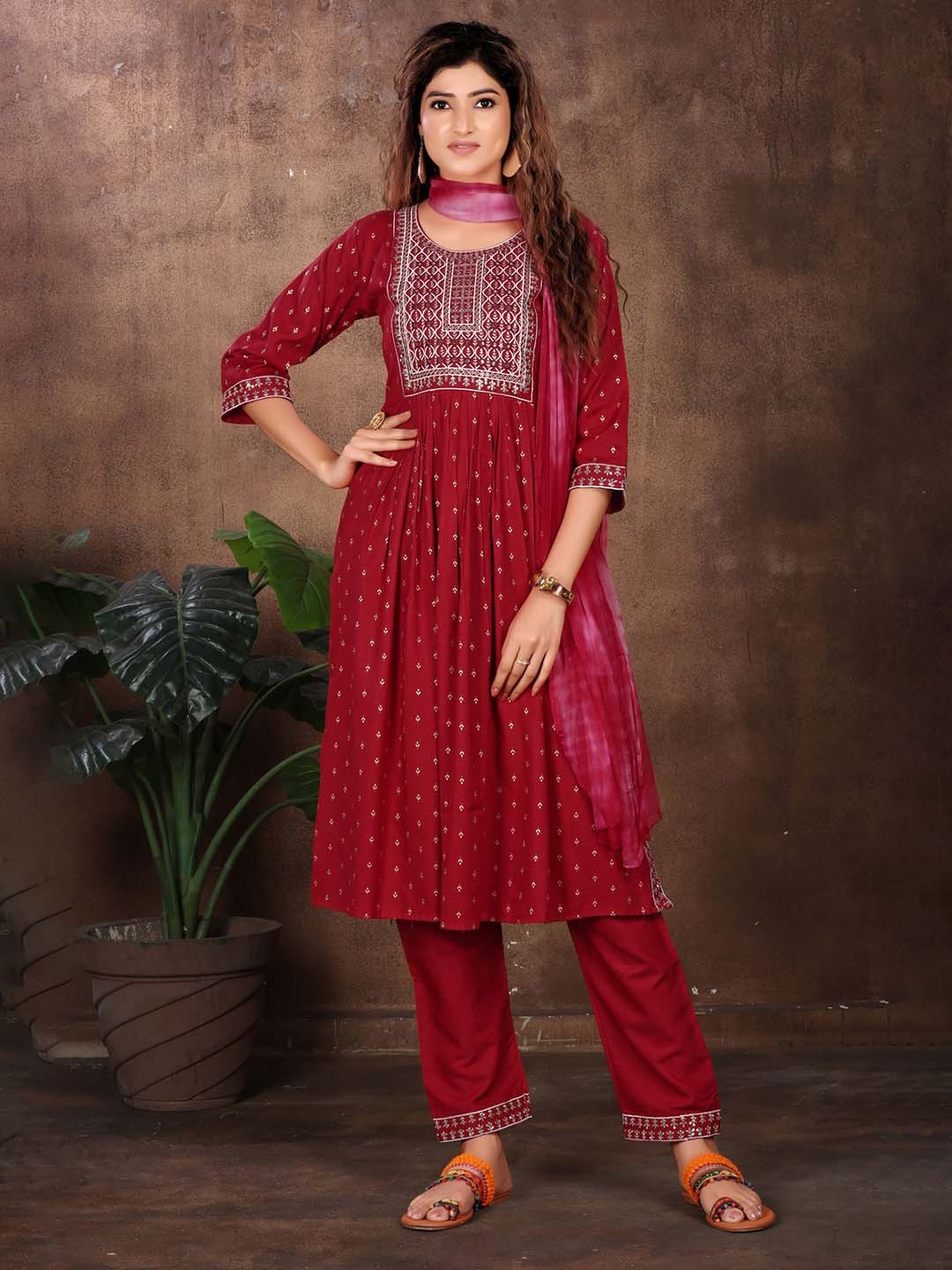 

KALINI Floral Printed Yoke Design Gotta Patti Kurta Set With Dupatta, Maroon