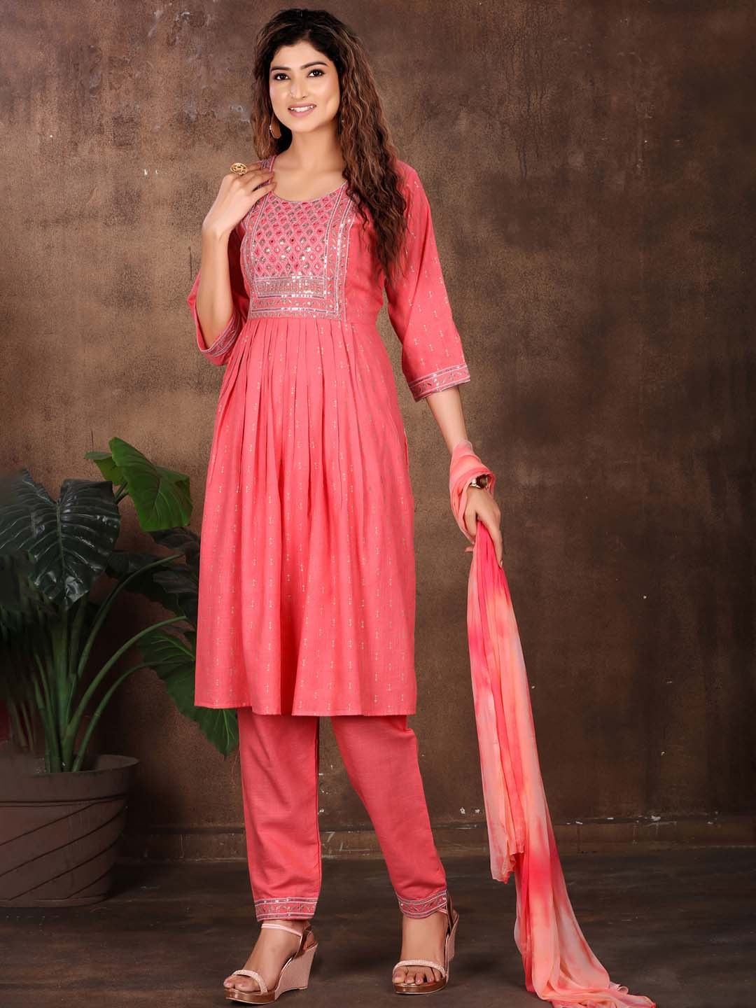 

KALINI Ethnic Motifs Printed Thread Work A- Line Kurta with Trousers And Dupatta, Peach