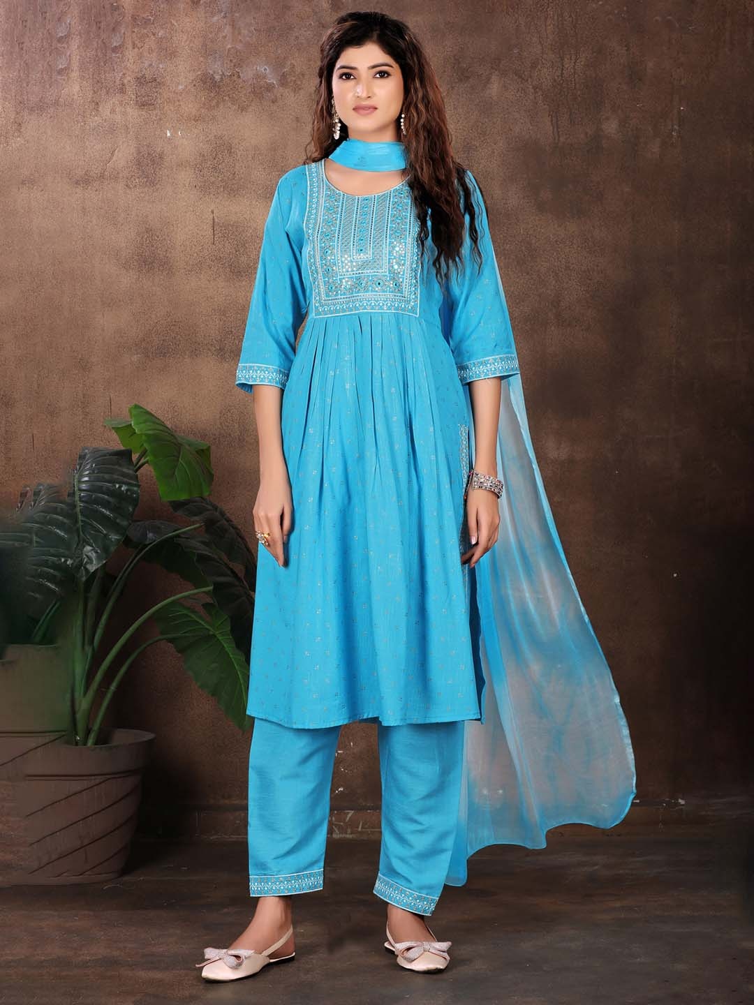 

KALINI Ethnic Motifs Printed Pleated Kurta & Trousers With Dupatta, Blue