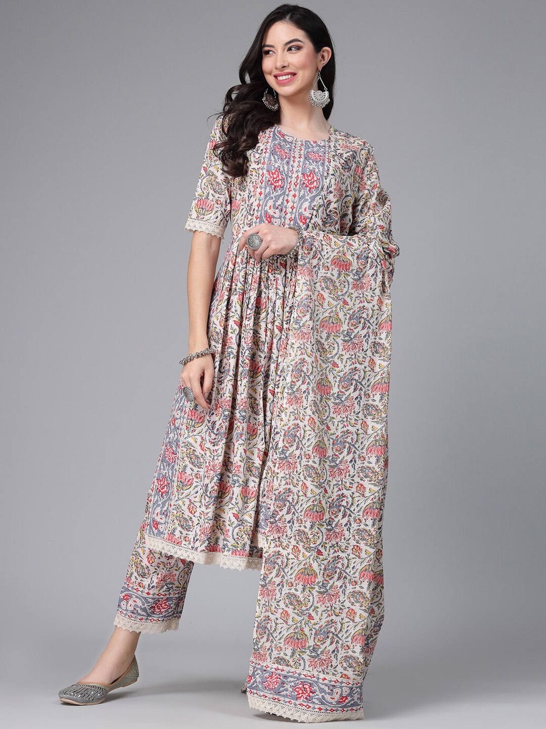 

Stylum Cream-Coloured Floral Printed Pleated Pure Cotton Kurta with Trousers & Dupatta