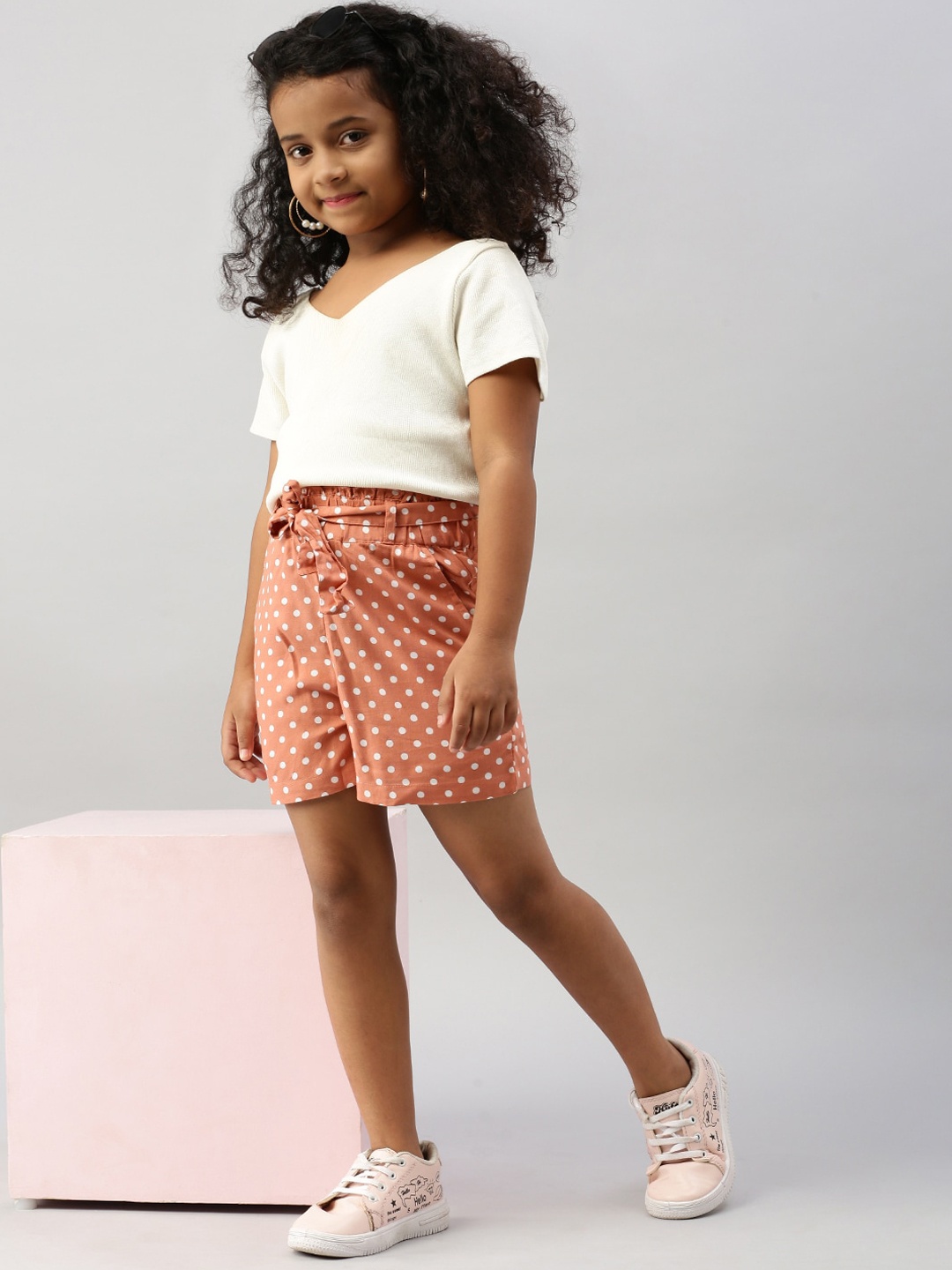 

De Moza Girls Polka Dots Printed Loose Fit Shorts, Peach