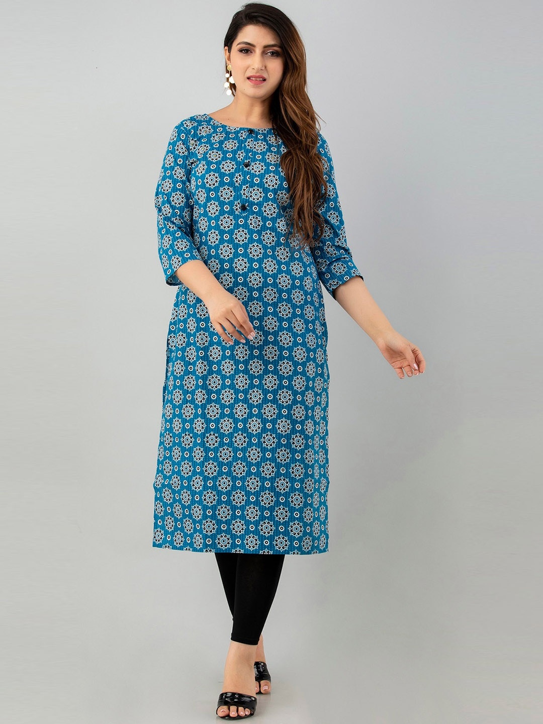 

SKY SHOPPIE Ethnic Motifs Printed Beads And Thread Work Straight Kurta, Blue