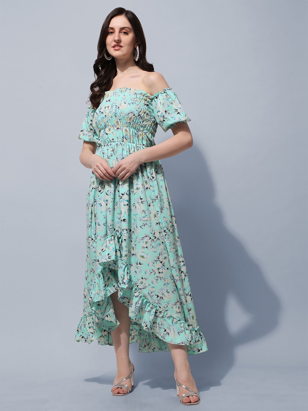 

BAESD Floral Printed Smocked Detailed Off-Shoulder Puff Sleeves Maxi Dress, Green
