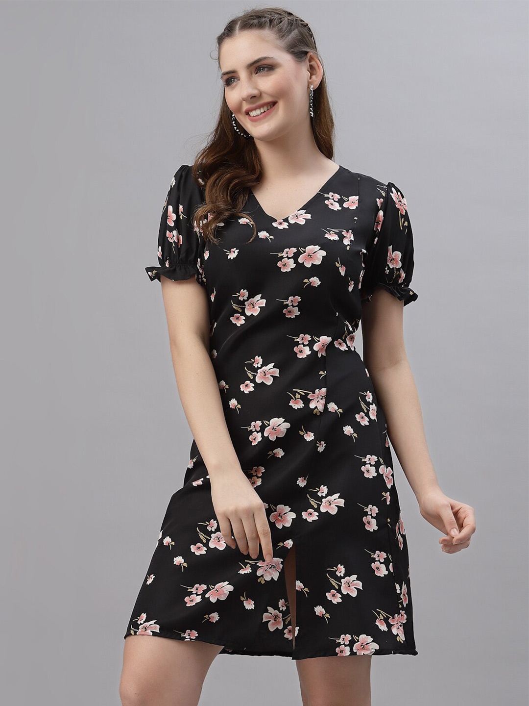 

BAESD Floral Printed Puff Sleeves A-Line Dress, Black