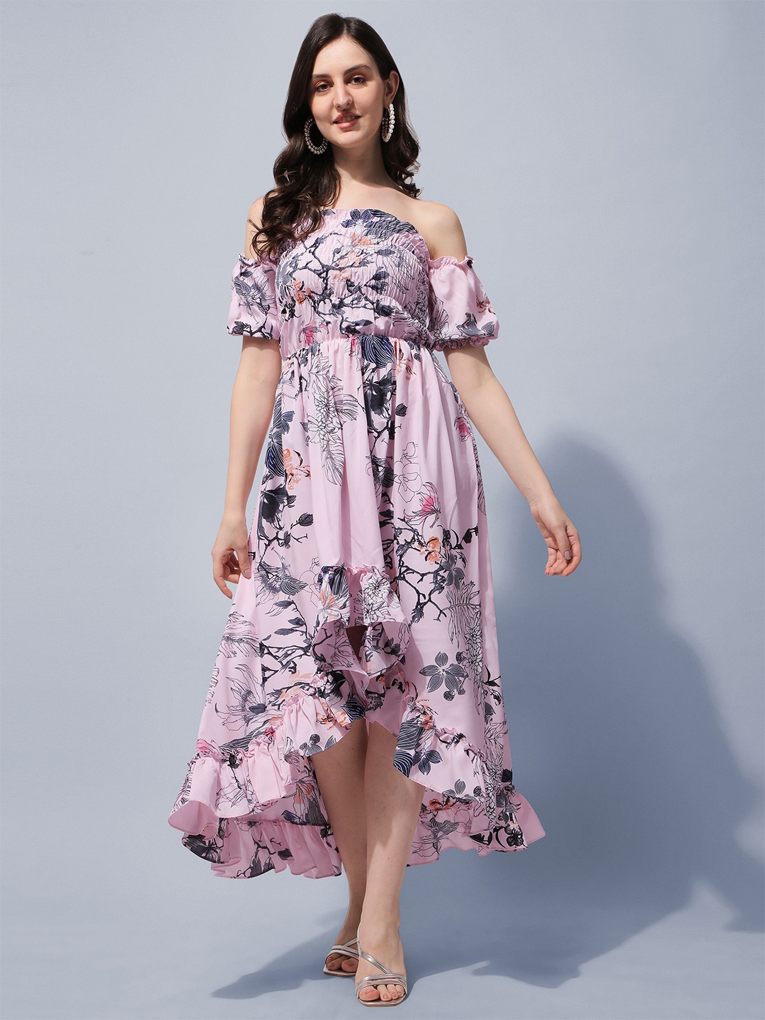 

BAESD Floral Printed Off-Shoulder Smocked Detail Fit & Flare Midi Dress, Pink