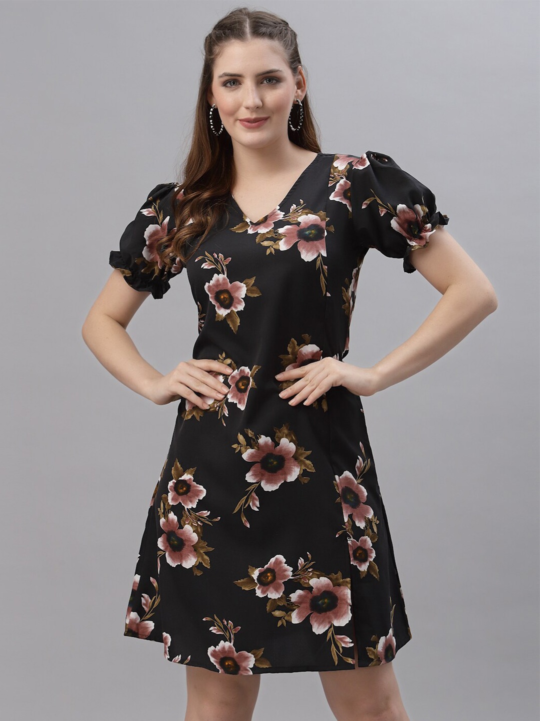 

BAESD Floral Printed V-Neck Puff Sleeves A-Line Dress, Black