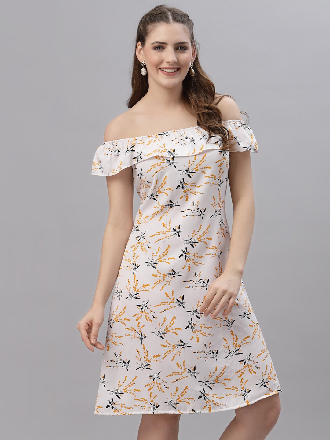 

BAESD Floral Printed Off-Shoulder Crepe A-Line Dress, White