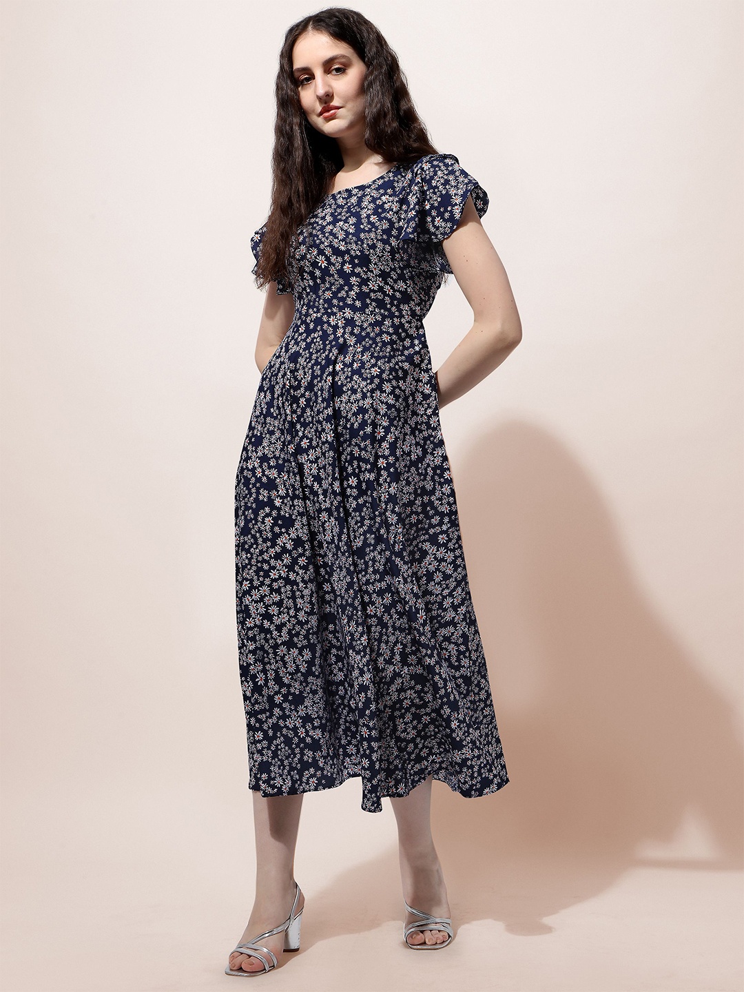 

BAESD Floral Printed Flutter Sleeves Crepe Fit & Flare Midi Dress, Blue