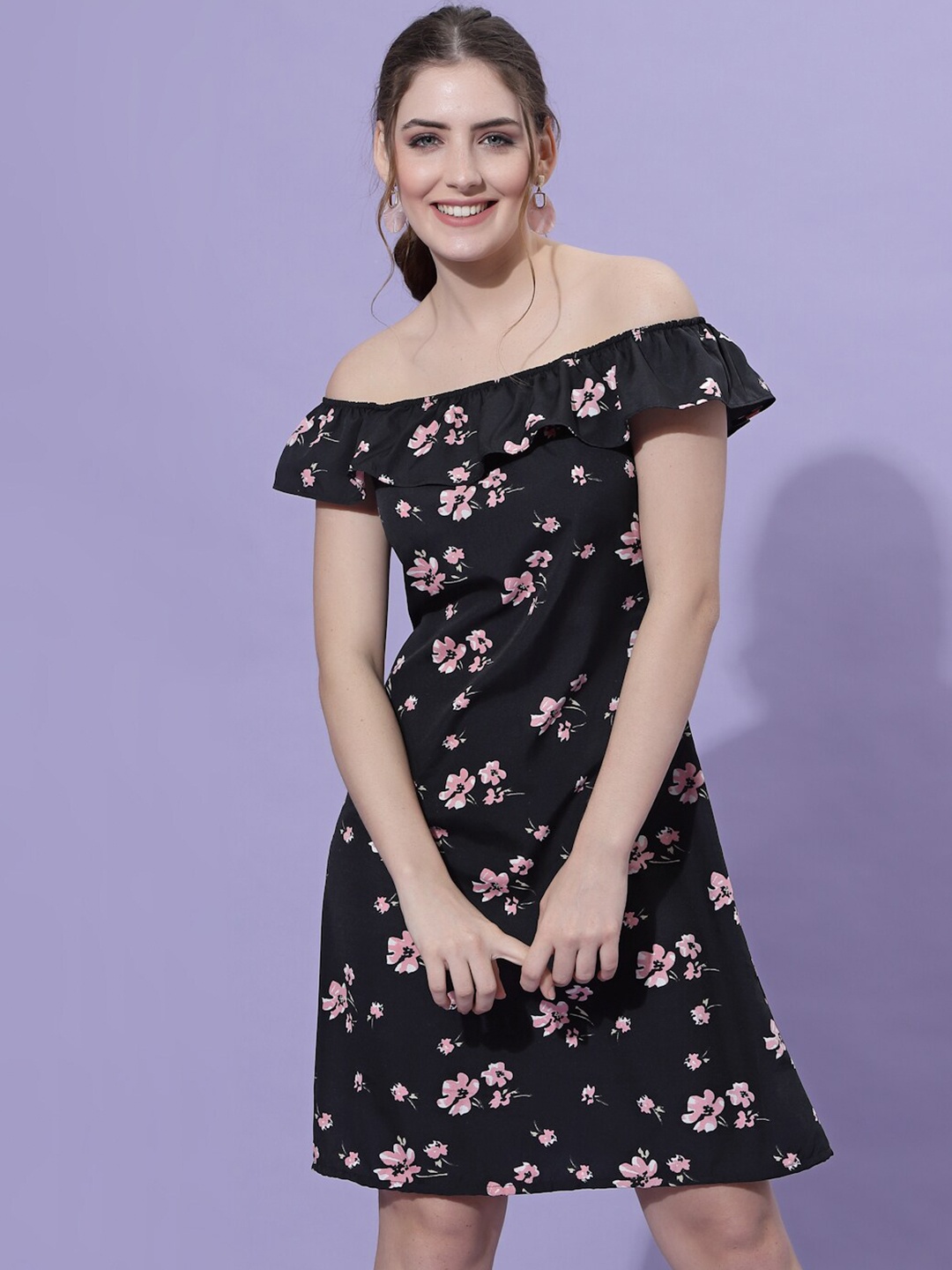 

BAESD Floral Printed Off-Shoulder A-Line Dress, Black