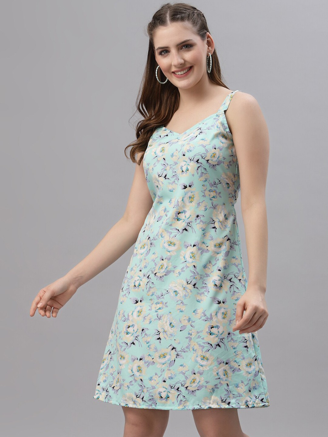 

BAESD Floral Printed Shoulder Straps A-Line Dress, Green