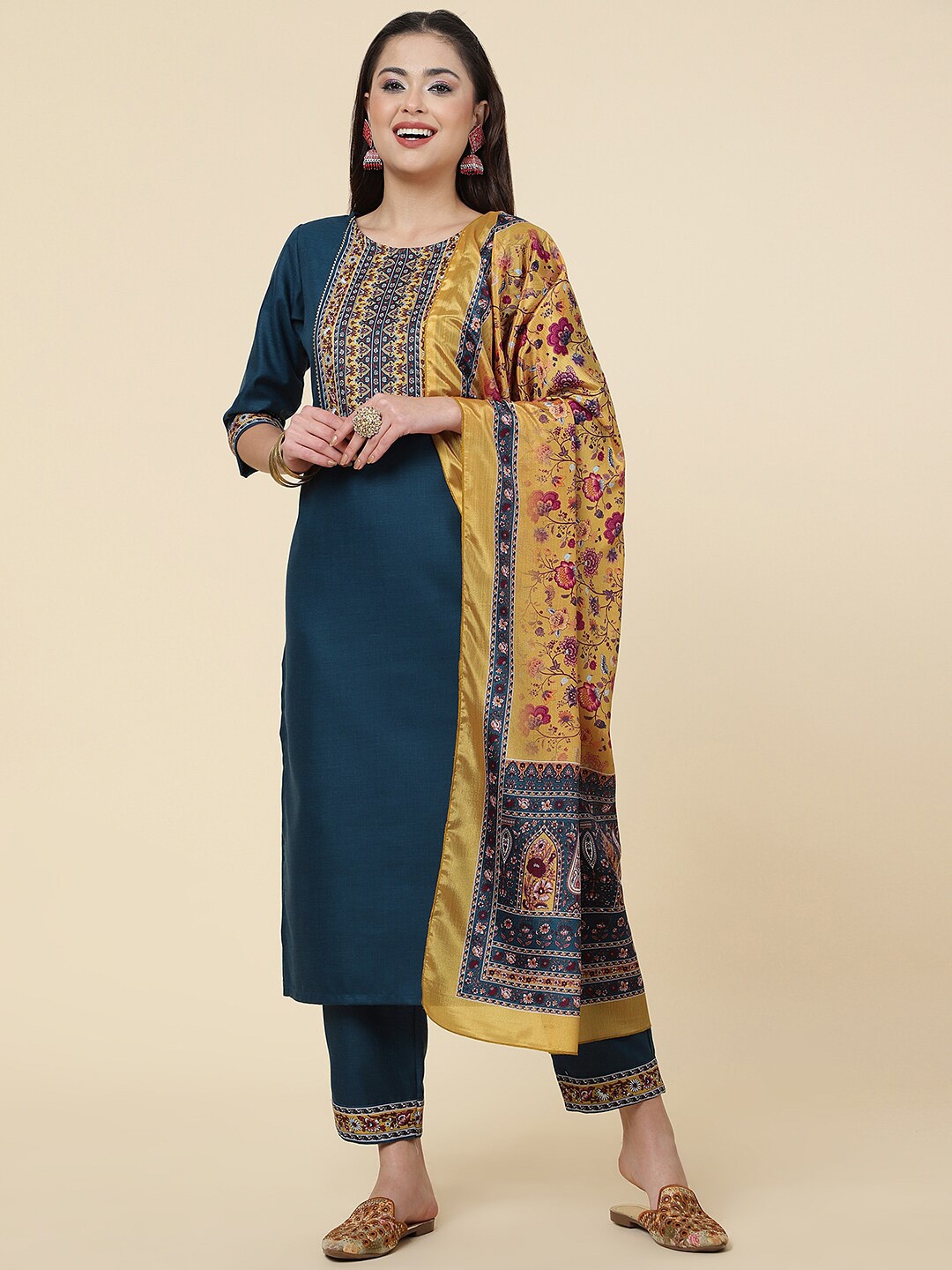 

J Turritopsis Ethnic Motifs Printed Gotta Patti Kurta with Trousers & Dupatta, Blue