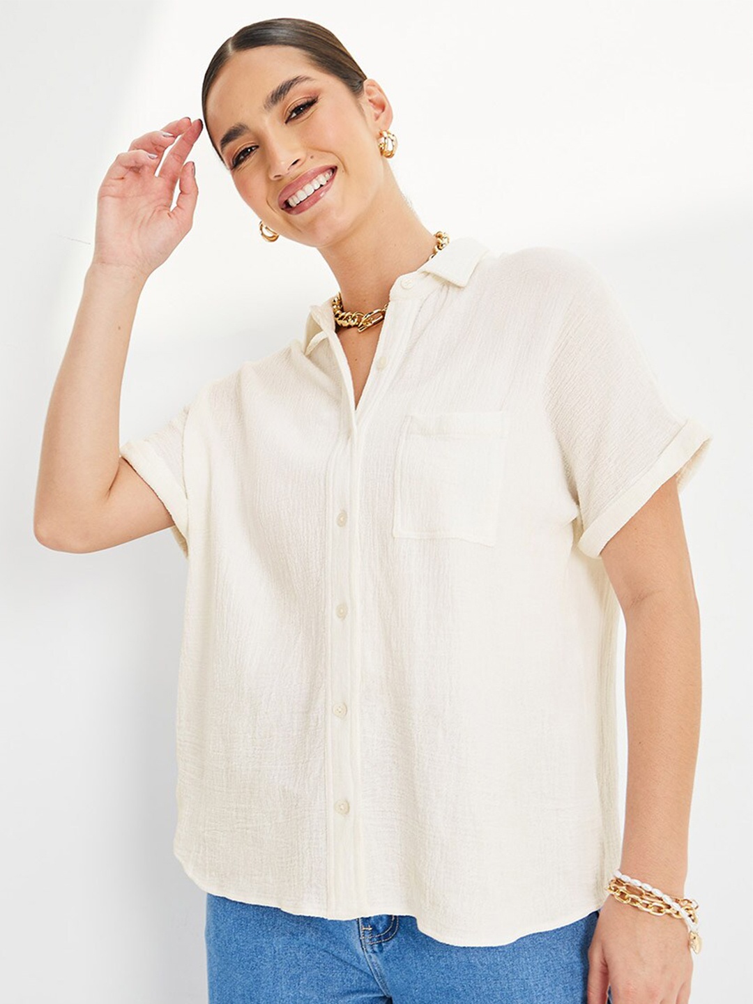 

Styli Off White Extended Sleeves Cotton Casual Shirt