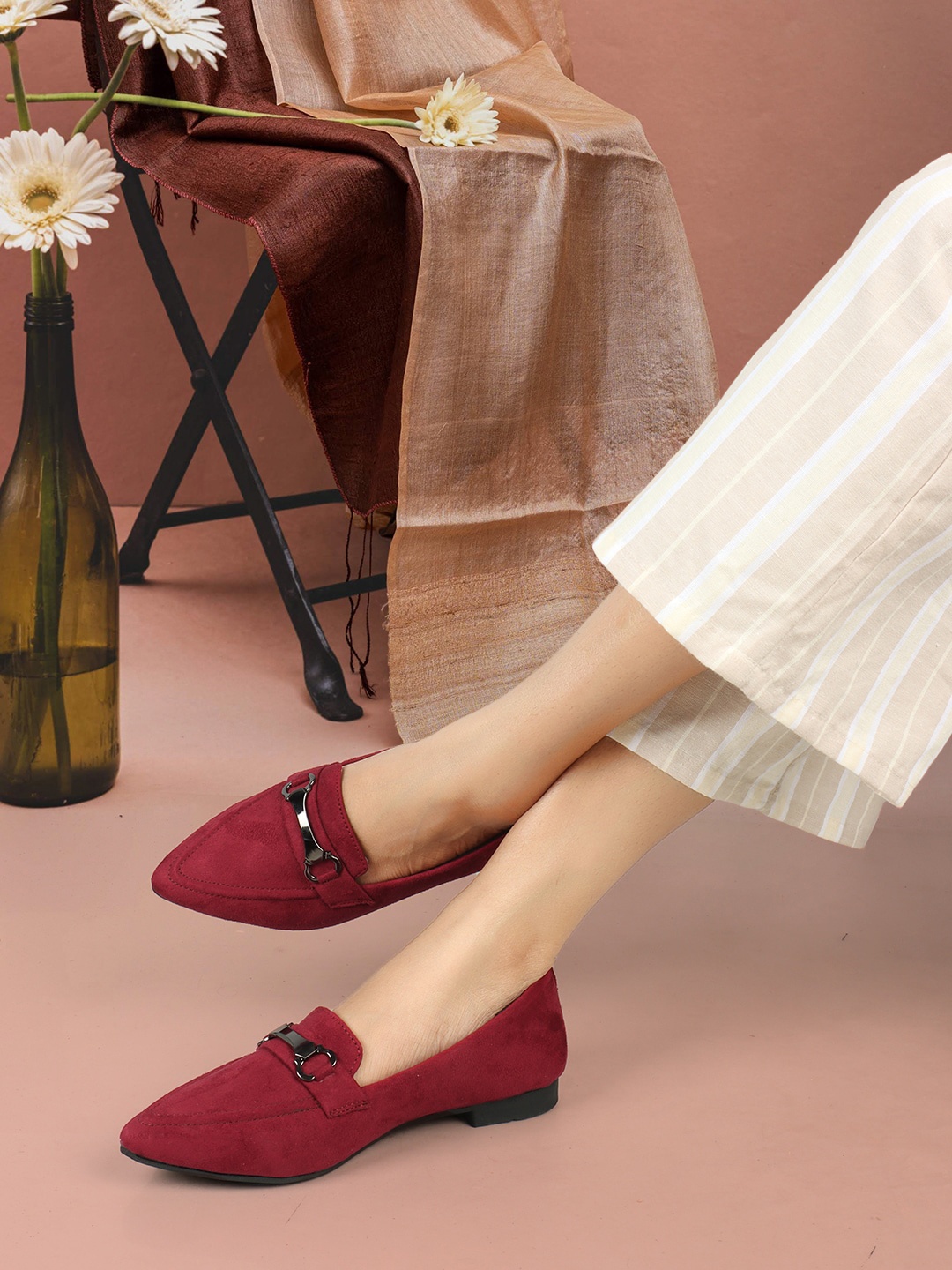 

ELLE Women Pointed Toe Lightweight Comfort Insole Horsebit Loafers, Maroon
