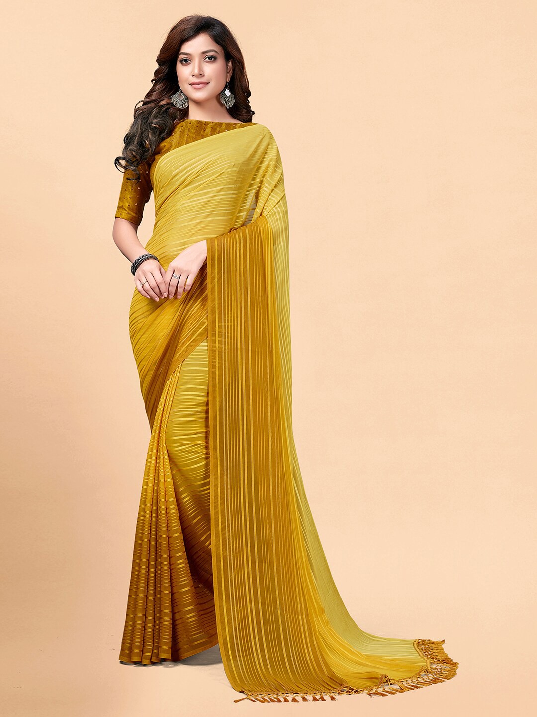 

KALINI Striped Silk Blend Saree, Yellow