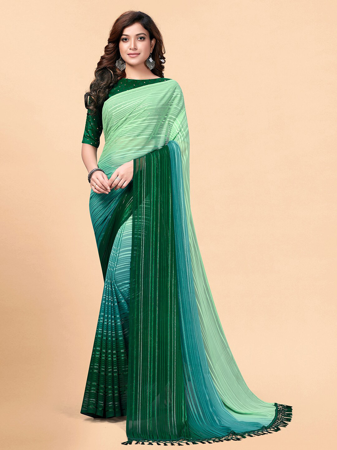 

KALINI Striped Sequinned Silk Blend Saree, Green
